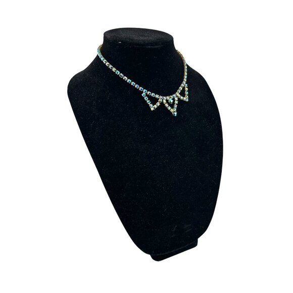 Vintage Blue Aurora Borealis Rhinestone Necklace Triple Triangle Necklace - Picture 6 of 11